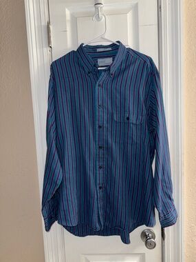 Vintage Levi's Men's Teal Blue Shirt with Burgundy & Purple Stripes